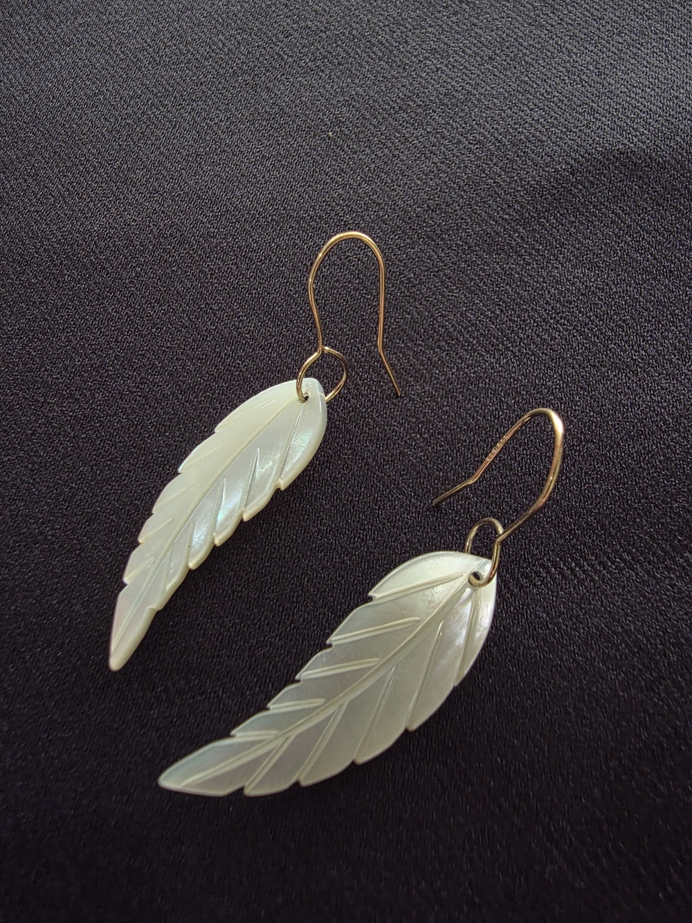 14K Gold Mother of Pearl Carved Feather Drop Earrings